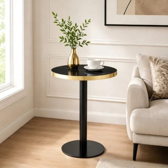 OKWISH Bijzettafel – Rond – Marmerlook – Gouden Rand – Metalen Onderstel – Voor Woonkamer, Slaapkamer Of Balkon – Zwart – 60 x 73,7 cm