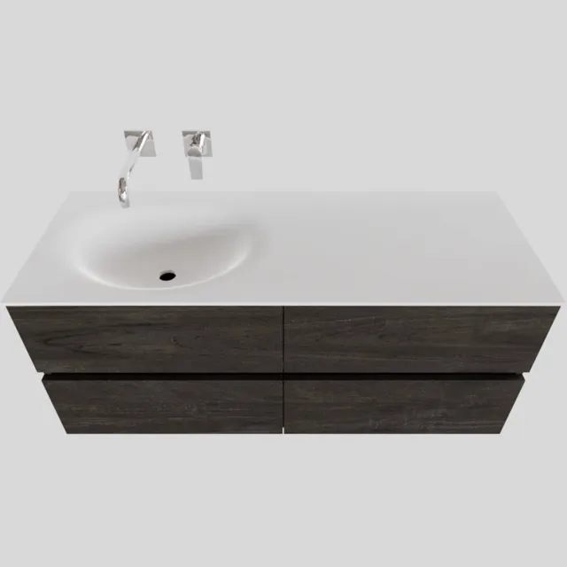 Boss & Wessing Badkamermeubel Solid Surface BWS Stockholm 120x46 cm Links Wood Dark Brown 4 Laden (0 kraangaten) Houtlook