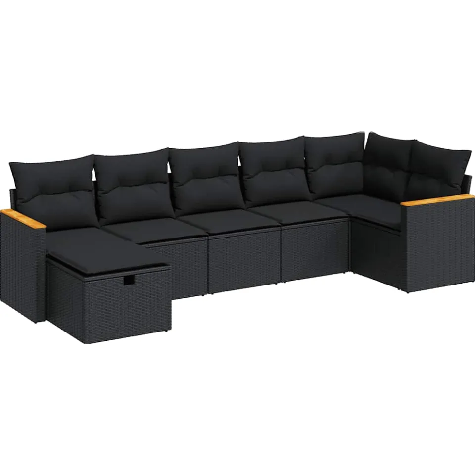 vidaXL 7-delige Loungeset met kussens poly rattan zwart, foto 3
