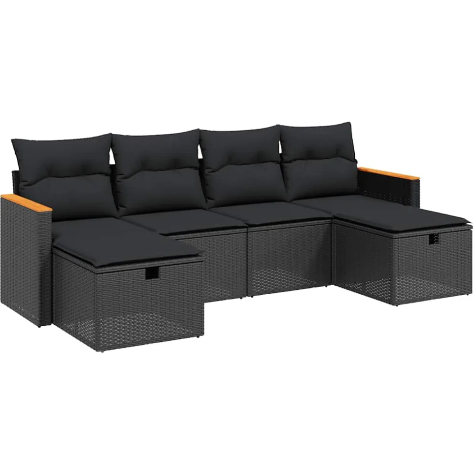 vidaXL 6-delige Loungeset met kussens poly rattan zwart, foto 3
