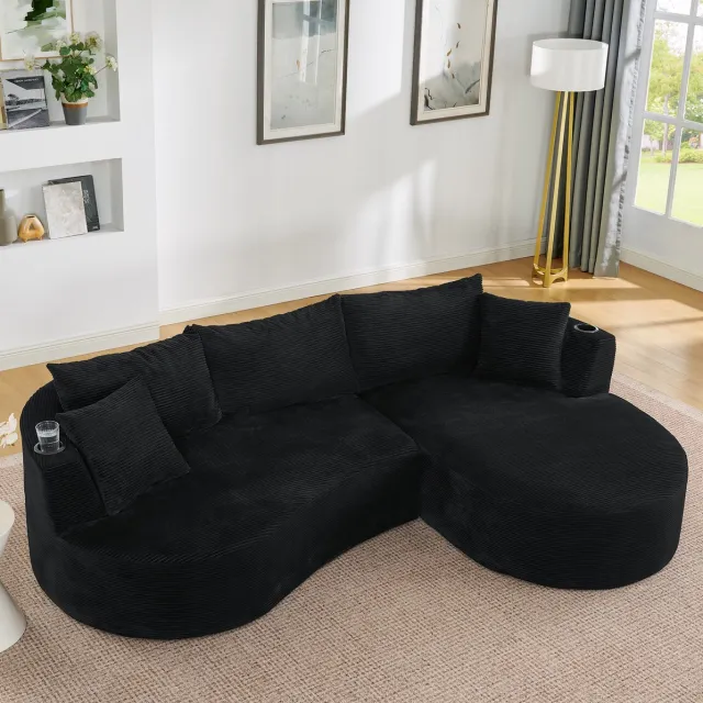 FloraGrace Hoekbank 264 x 168 cm - 3-Zits Met Rechter Chaise Longue, Drinkhouders En Kussens - Voor Woonkamer Of Kantoor - Kordstof - Zwart