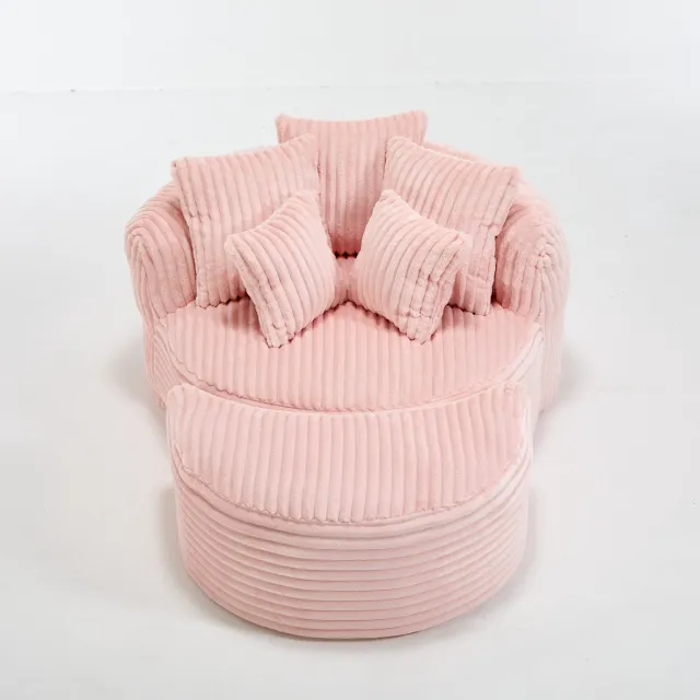 REDOM Fauteuil - Extra grote ronde zitting - Met armleuningen en voetenbank - 5 kussens - Woonkamer en slaapkamer - Chenille - Roze - 168 x 123 x 63 cm