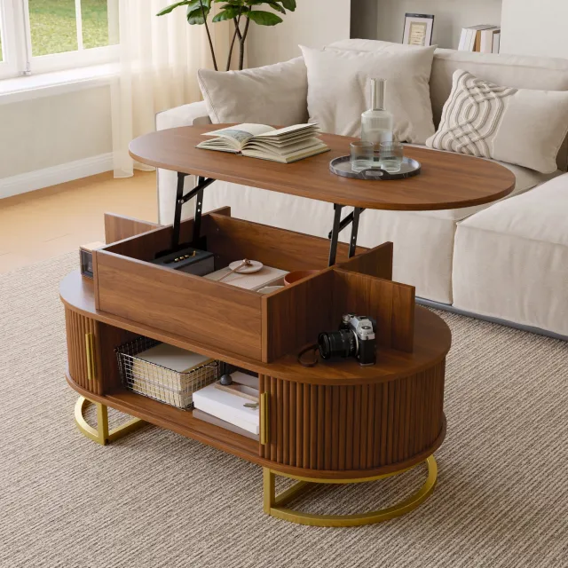 MIVRAY Salontafel Ovaal Met Verstelbaar Tafelblad En Verborgen Opbergruimte Voor Woonkamer Van MDF In Walnootkleur 100 Bij 50 Bij 64 Cm