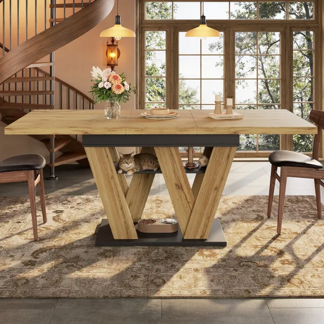 MEUNIQ uitschuifbare eettafel 158,5 x 80 x 75 cm met open opbergvak, rechthoekige tafel voor keuken en woonkamer, naturel blad met zwart onderstel Black