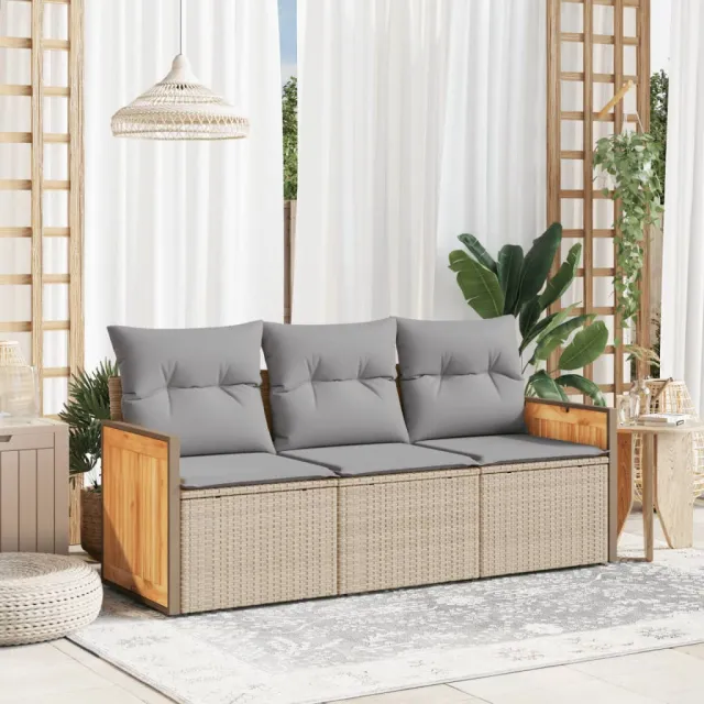 vidaXL 3-delige Loungeset met kussens poly rattan beige, foto 2