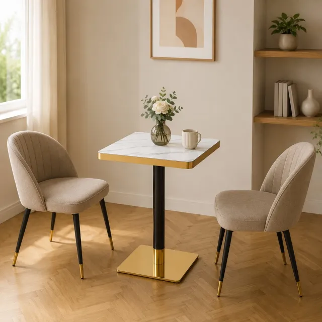 DESMIU Eettafel Vierkant Marmerlook Met Metalen Onderstel Voor Kleine Ruimtes Hout MDF Wit 60x60x74 Cm Wit, Goud, Zwart