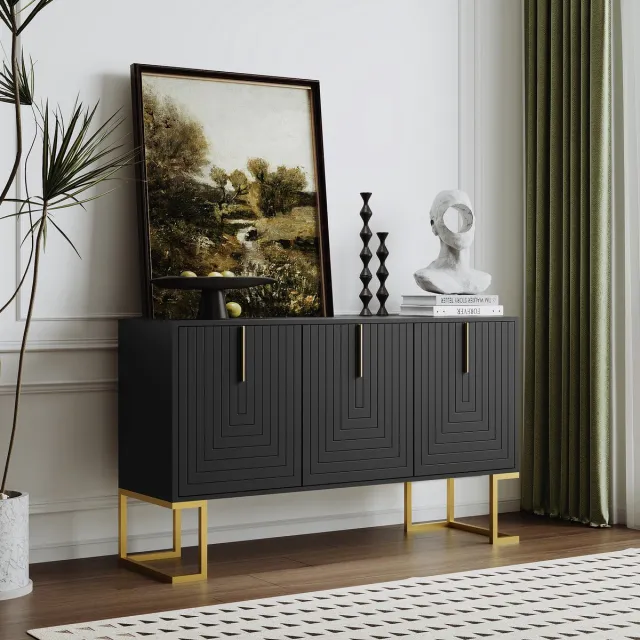 Pugsdrly Moderne 3-deurs dressoir verstelbare planken U-vormige kastdeuren metalen handgrepen metalen sokkel zwart voor eetkamer en keuken