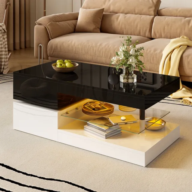 MEUNIQ Salontafel 90 x 45 x 35,5 cm met LED-verlichting, app- en Bluetooth-bediening, glazen legplank en hoogglans zwart-wit voor woonkamer