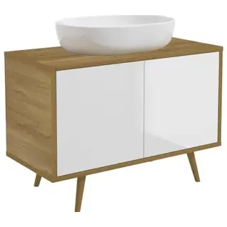 Royo Wastafelonderkast Woody 100cm - Wit/naturel Eik Glanzend - Met 2 Deuren - Met Houten Poten