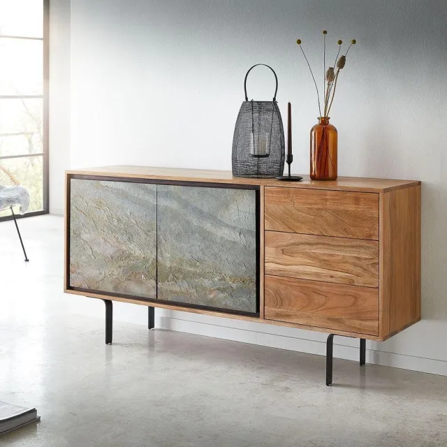DELIFE Commode Juwelo 150x40x75 acacia natuursteen poten zwart
