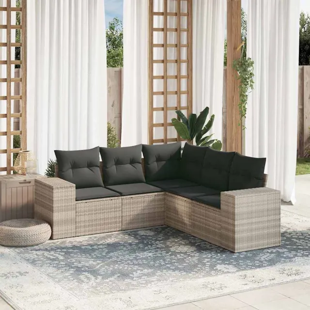 vidaXL 5-delige Loungeset met kussens poly rattan lichtgrijs grijs, foto 2