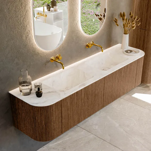 Mondiaz KURVE-DLUX 180 cm Onderkast Greeploos 2 Lades Met Deuren Walnut, Wastafel Solid Surface Dubbel Frappe 0 Kraangaten Zonder Spiegel (KRVLEA180L+R2L2D0KD-Wal/Fra)