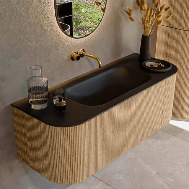 Mondiaz KURVE 120 cm Onderkast Greeploos 1 Lade Met Deuren Oak, Wastafel Solid Surface Midden Urban 0 Kraangaten Zonder Spiegel (KRVBGS120L+R1L2D0KM-Oak/Urb)