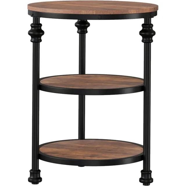 HOERFURIY Ronde Bijzettafel van Hout en Metaal - Industrieel Design, Salontafel met 3 Niveaus - Voor Woonkamer, Slaapkamer - Diameter 45x45x60cm bruin