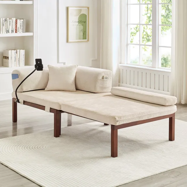 COVREO Slaapbank 176 x 81 x 64 cm beige, hout en velvet, uitklapbaar bed