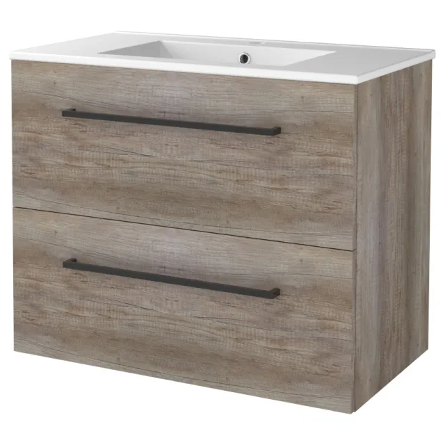 Boss & Wessing Badmeubelset BWS Salt 80x46cm Met Grepen 2 Lades Met Wastafel 1 Kraangat Scotch Oak Bruin