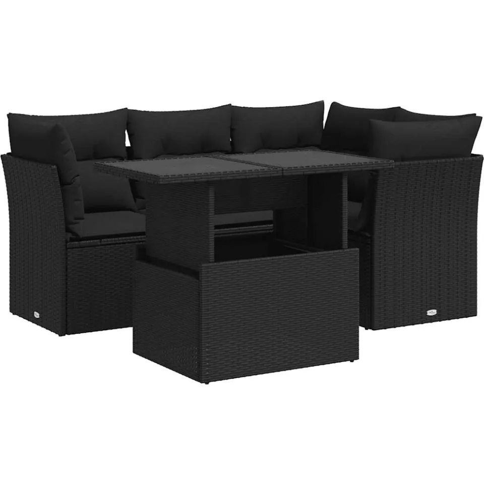 vidaXL 5-delige Loungeset met kussens poly rattan zwart, foto 3