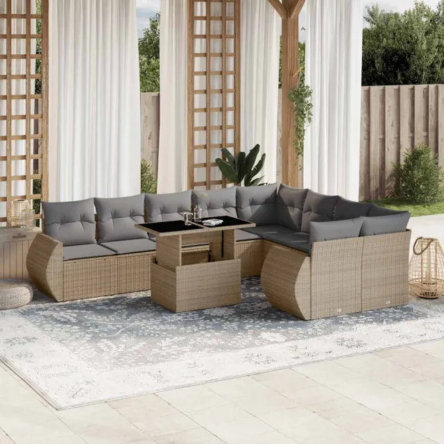 vidaXL 10-delige Loungeset met kussens poly rattan beige, foto 2