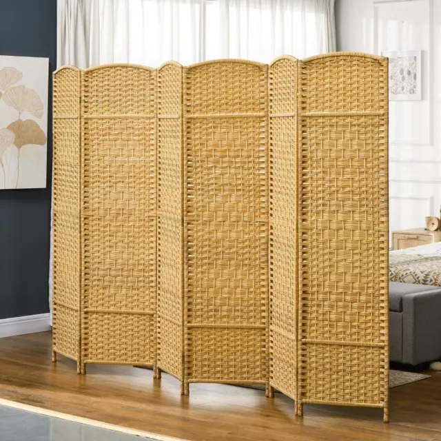 HAUSS SPOLE Kamerscherm Opvouwbaar – 6-Delig – 270 x 180 cm – Hout en Kunststof – Naturel Houtkleur – Ruimteverdeler met Vlechtpatroon en Gebogen Bovenzijde Natuurlijke houtkleur