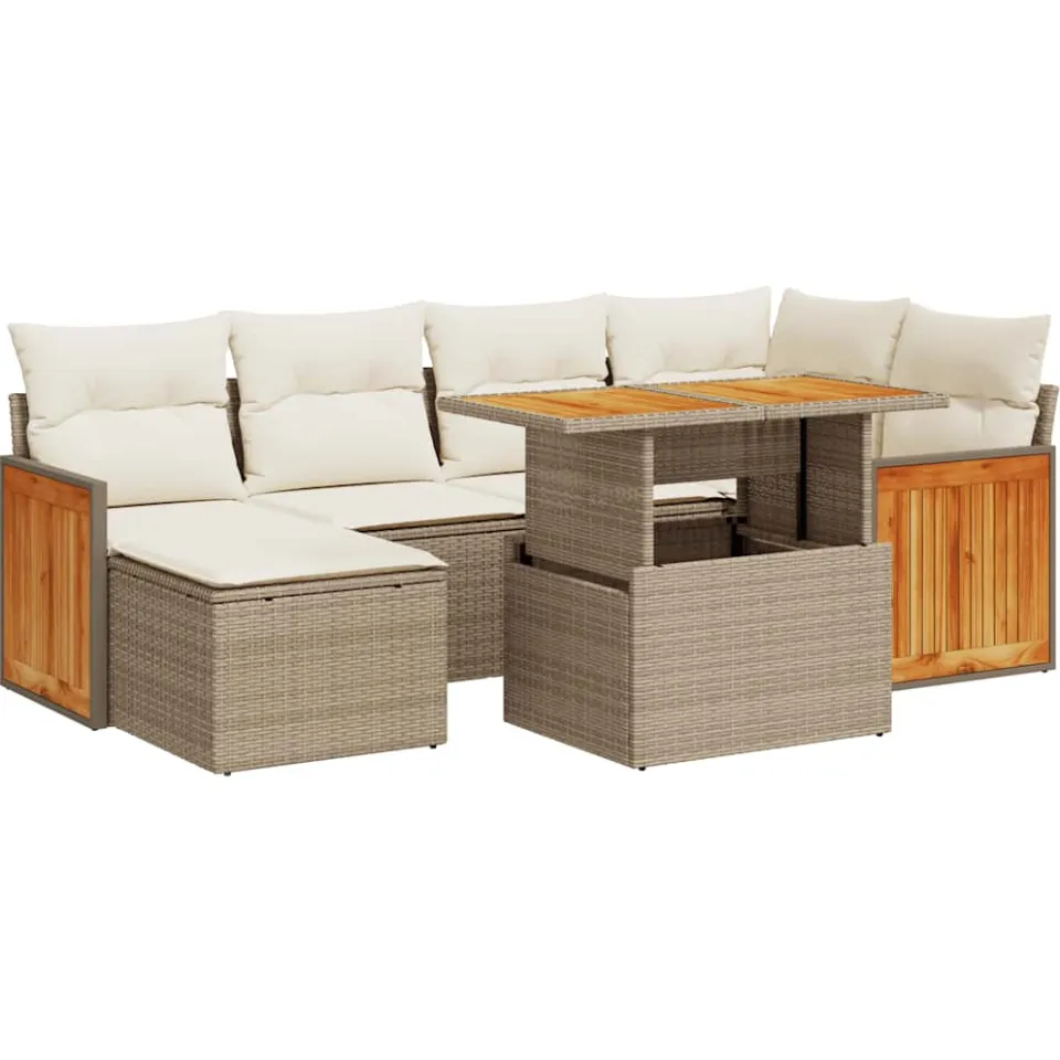 vidaXL 7-delige Loungeset met kussens poly rattan acacia beige, foto 3