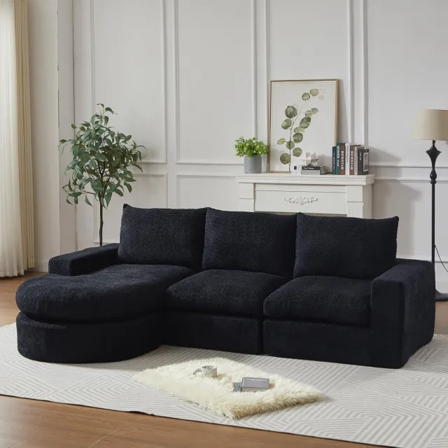DESMIU Hoekbank - 3-Zits - L-vormig Modulair Ontwerp Met Verwisselbare Longchair - Voor De Woonkamer - Chenille Zwart