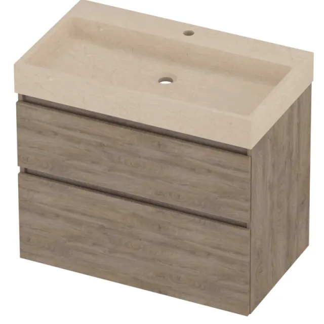 Proline Evoli Badmeubelset Hardsteen Loft 1 Kraangat Asymmetrisch 80x46x70 cm Sand Stone Raw Oak Eiken