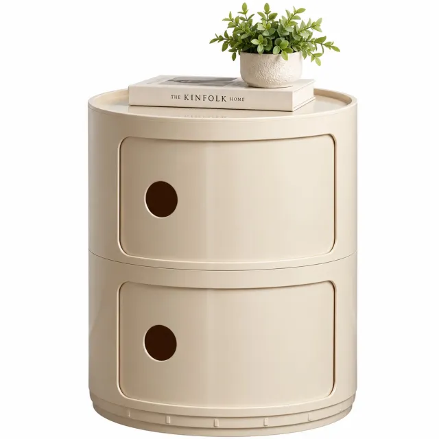 Marqs Nachtkastje beige - Bijzettafel – Bijzettafeltjes woonkamer – Bijzettafels – Opbergers - 40 x 32 cm - Rond - 2 opbergvakken