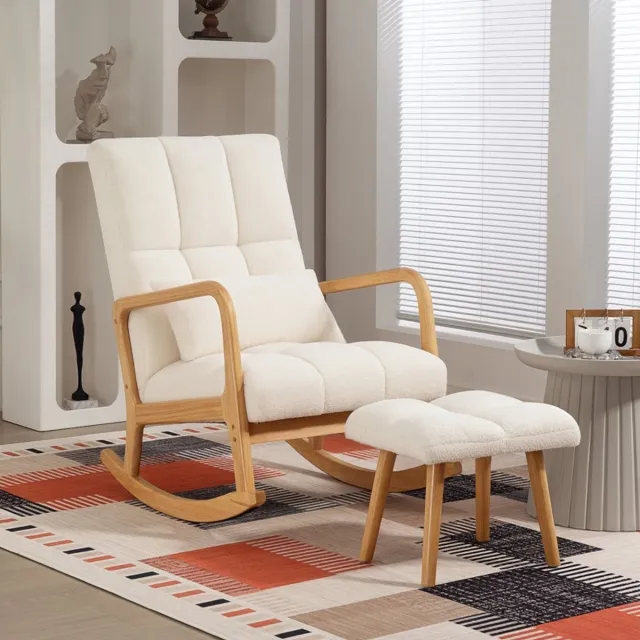 COVREO Schommelstoel 64,5 x 82 x 99 cm - wit, houten onderstel, met hocker en armleuningen