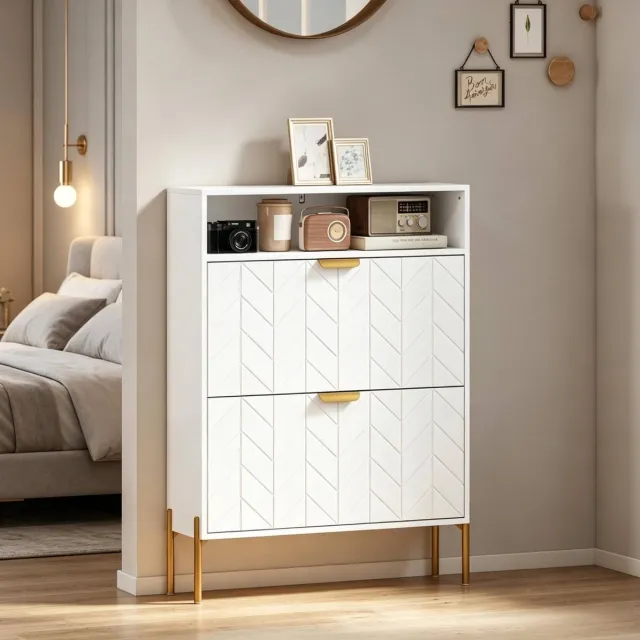 DESMIU Schoenenkast - Smal Design Met 2 Kleppen En Open Vak - Voor Hal En Smalle Gangen - MDF Spaanplaat Metaal - 80x23,7x110 Cm - Wit