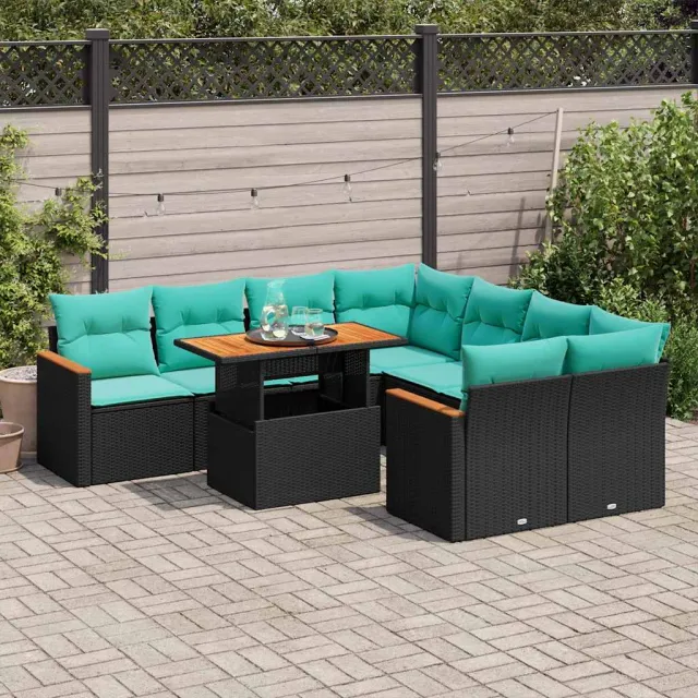 vidaXL 9-delige Loungeset met kussens poly rattan zwart, foto 2