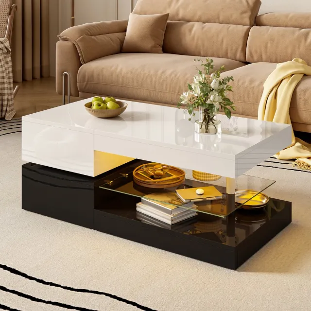 COVREO Salontafel 90x45x35,5 cm – zwart-wit hoogglans, glasplank en LED-verlichting