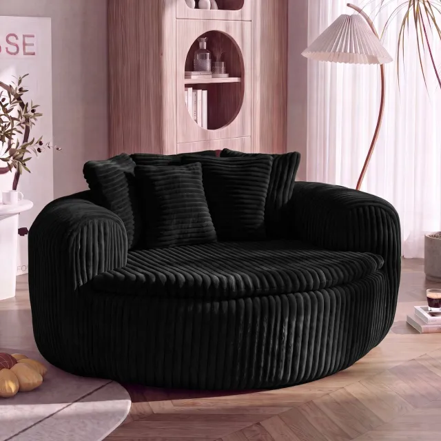 HAUSS SPOLE Fauteuil - Zwarte Loungestoel Met Vijf Kussens En Brede Armleuningen - Voor Woonkamer, Slaapkamer En Leeshoek - Ribstof Zwart