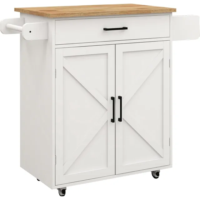 Merax Keukeneiland op Wielen – Witte Keukentrolley met Lade en Kast – Verstelbare Planken – Handdoekhouder – Kruidenrek – Werkblad van Rubberhout – Rolbare Keukenwagen met Slotwielen