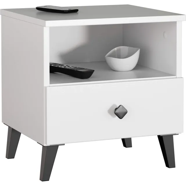 Akord Nachtkastje MOBI met 1 Lade / AKORD Furniture Factory / Wit met Zwarte Handgrepen / 40 x 43 x 37 cm