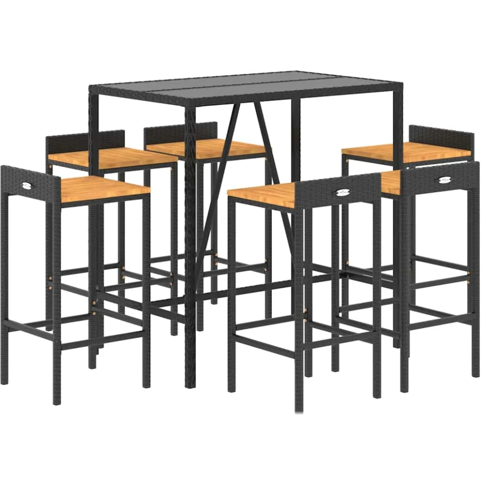 vidaXL 7-delige Tuinbarset poly rattan en massief acaciahout zwart