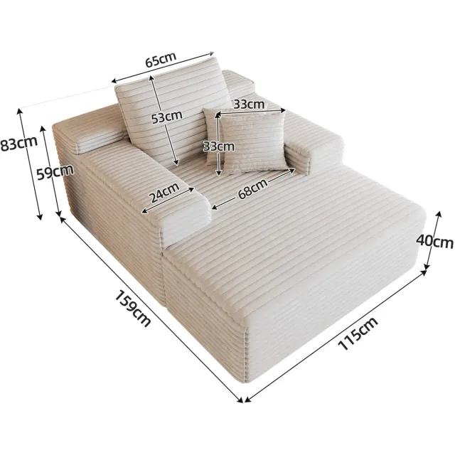 MIVRAY Chaise Longue 115 x 159 cm - Zachte Corduroy Ligstoel Met Hoge Comfort - Voor Woonkamer En Slaapkamer - Stof - Wit