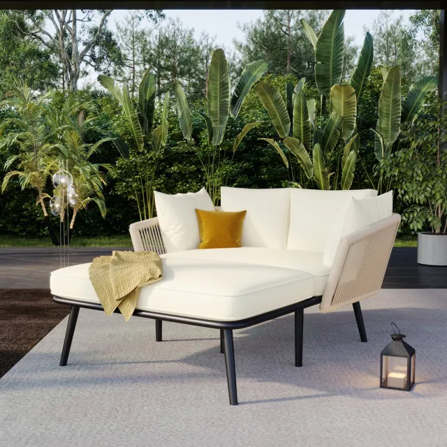 MEUNIQ Zonne-eiland loungeset met 2 zit- en 2 rugkussens, afneembare wasbare polyester bekleding, stalen frame en touwdetails voor tuin of terras, beige