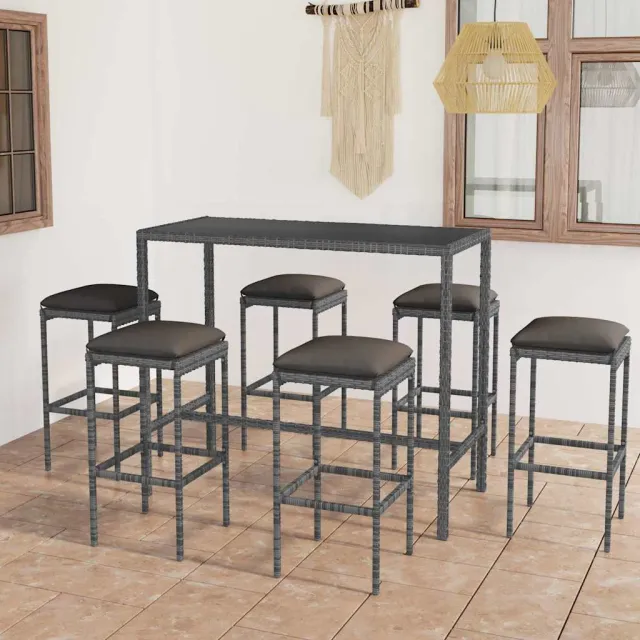 vidaXL 7-delige Tuinbarset met kussens poly rattan grijs, foto 2