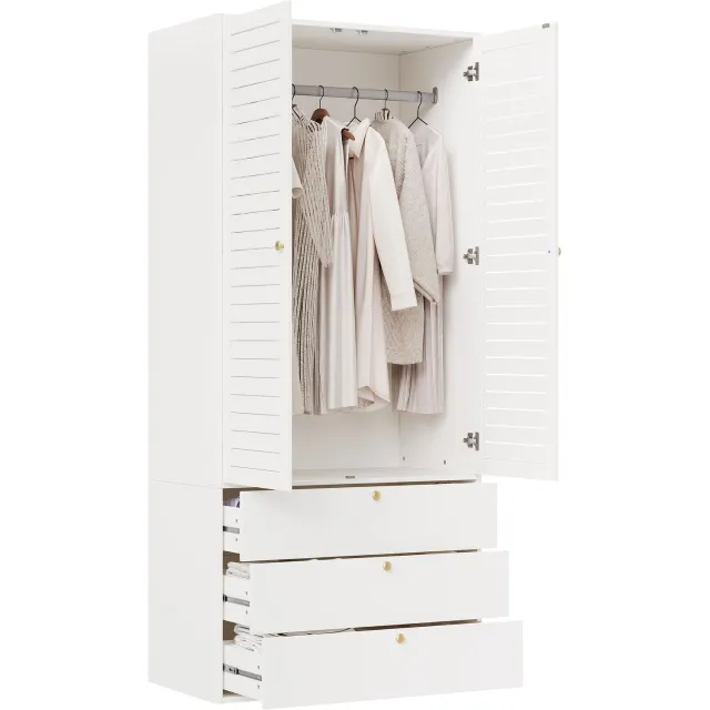 Ropilly Kledingkast Met Lamellendeuren - 90 x 50 x 200 cm - 2 Draaideuren - Met Kledingroede En 3 Lades - Wit Spaanplaat Voor Slaapkamer En Kinderkamer