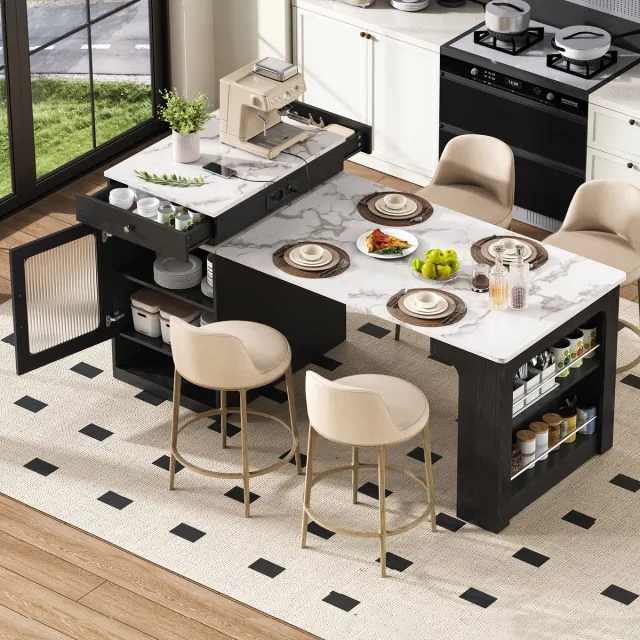 KOMHTOM Keukeneiland en Keukentafel - Uitschuifbare Eettafel met Afneembaar Blad - Bartafel met Stekkerdozen en Wieltjes - Te gebruiken als Aanrecht, Dressoir of Bartafel - Voor Keuken en Eetkamer (Zwart) Wit+Zwart