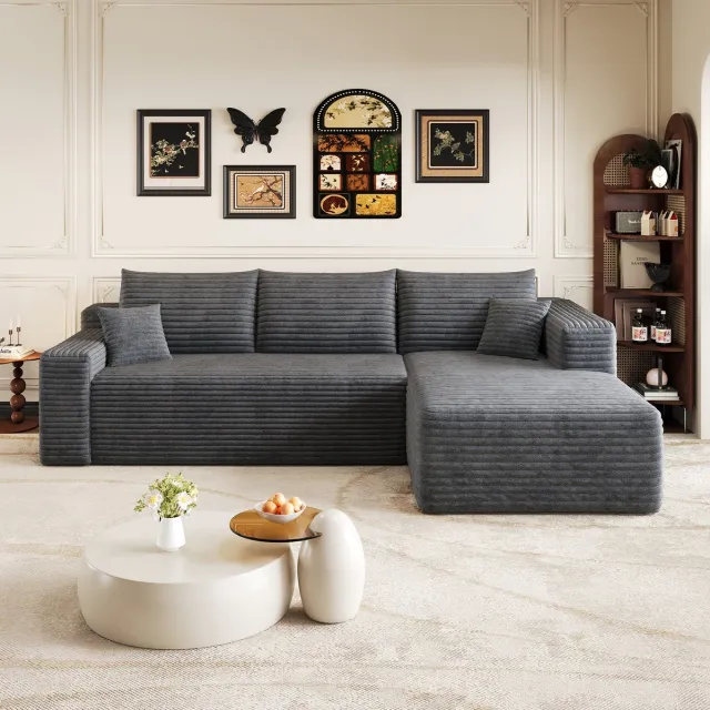 REDOM Hoekbank - 3-zits - L-vormige chaise longue rechts - Corduroy - Moderne minimalistische stijl - Woonkamer - Donkergrijs - 241 x 151 x 84 cm