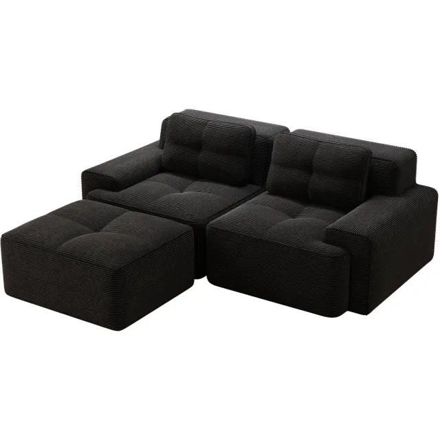 Merax L-Vormige Cloudbank 2-Zits - Zwarte Ribstof Loungebank 204 cm - Modulaire Bank met Hocker - Diepe Zitting - Antislip Onderzijde - Geen Montage Nodig