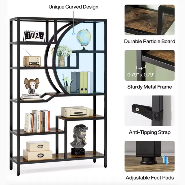 Corenia Boekenkast - Plankenkast - Open Kast - Hout - 6 laags - Industrieel - Zwart metaal - Donker hout - 100x175x30 Brown