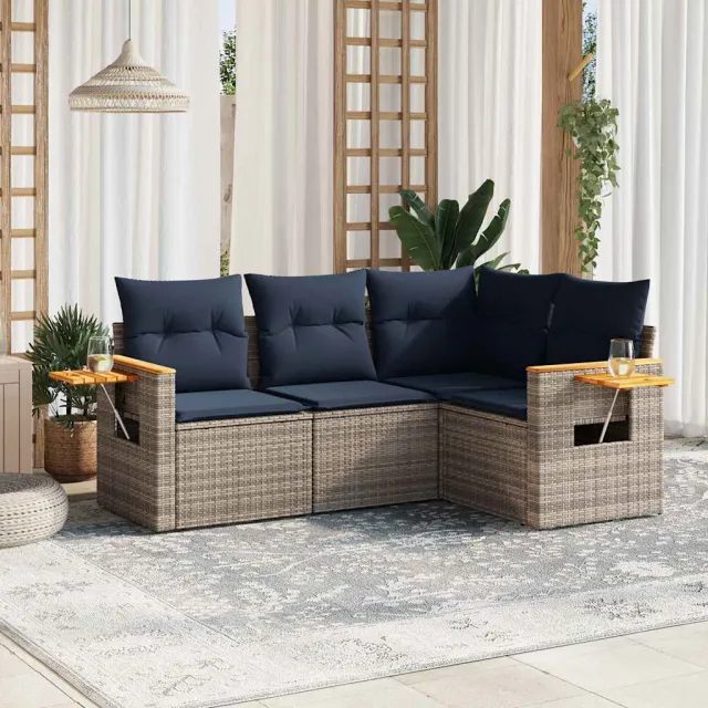 vidaXL 4-delige Loungeset met kussens poly rattan grijs, foto 2