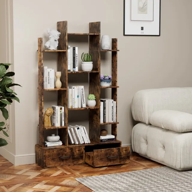 Ropilly Boekenkast Met Twee Laden - Open Boekenkast Met 12 Vakken - Industriële Opbergkast Voor Woonkamer, Slaapkamer Of Kantoor - Houtlook Metaal Bruin