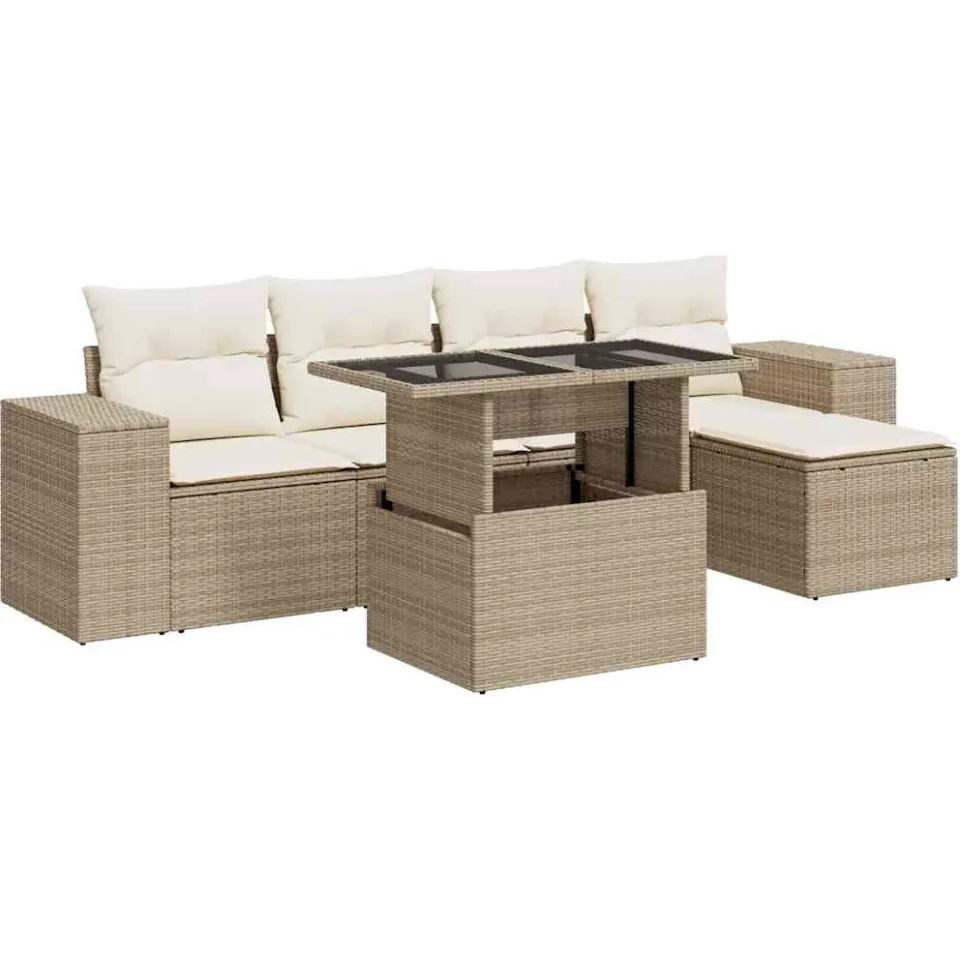vidaXL 6-delige Loungeset met kussens poly rattan beige, foto 3