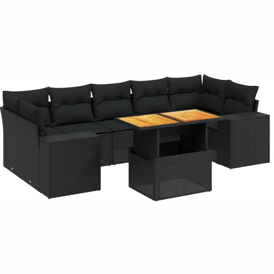 vidaXL 8-delige Loungeset met kussens poly rattan zwart