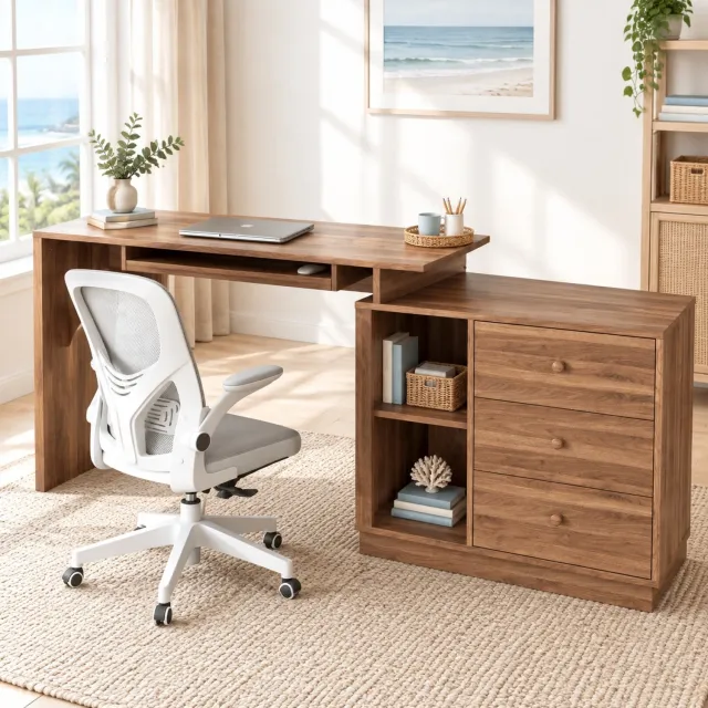 MODFU Uitschuifbaar Computerbureau Met Toetsenbordlade En 3 Lades - MDF - Walnoot Walnootkleur