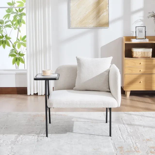 MODENUIT Fauteuil 86 x 72 x 71 cm - Met Bijzettafel En 2 Opbergvakken - Voor Woonkamer - Chenille Beige