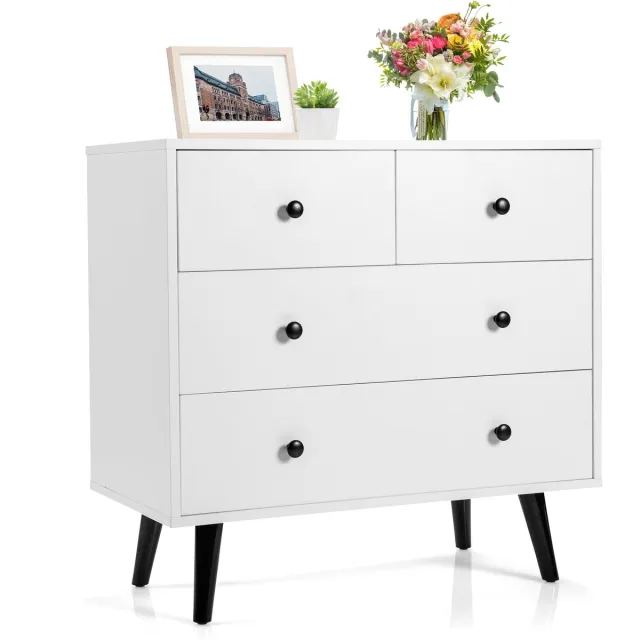 Costway Commode met 4 laden, dressoir van hout, opbergkast modern, ladekast voor woonkamer slaapkamer ingang, 80 x 40 x 77 cm Wit